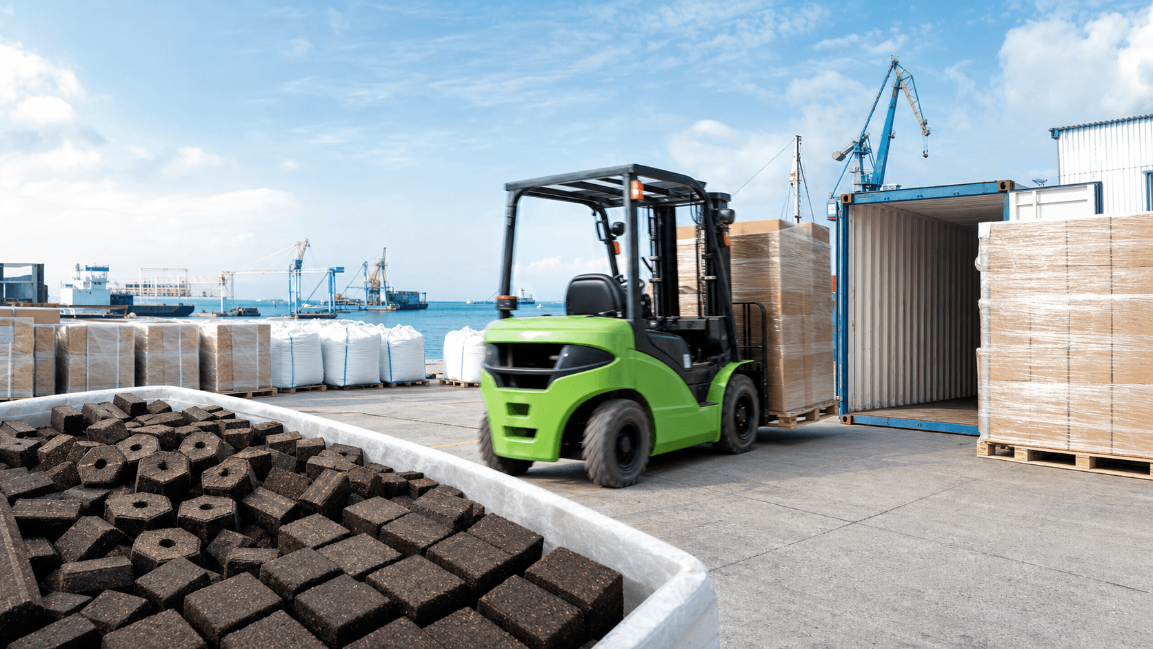 Biomass samples beside export packaging and container handling.