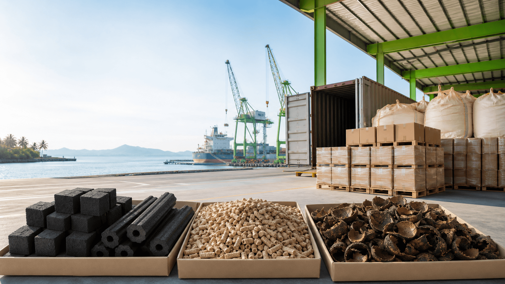 Coconut-shell briquettes, wood pellets, and palm kernel shells in an export-handling setting.