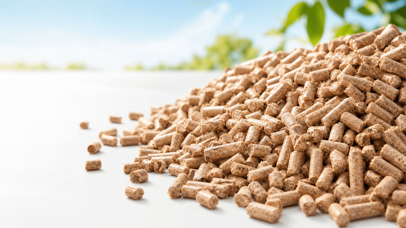 A clean mound of uniform tan cylindrical wood pellets.