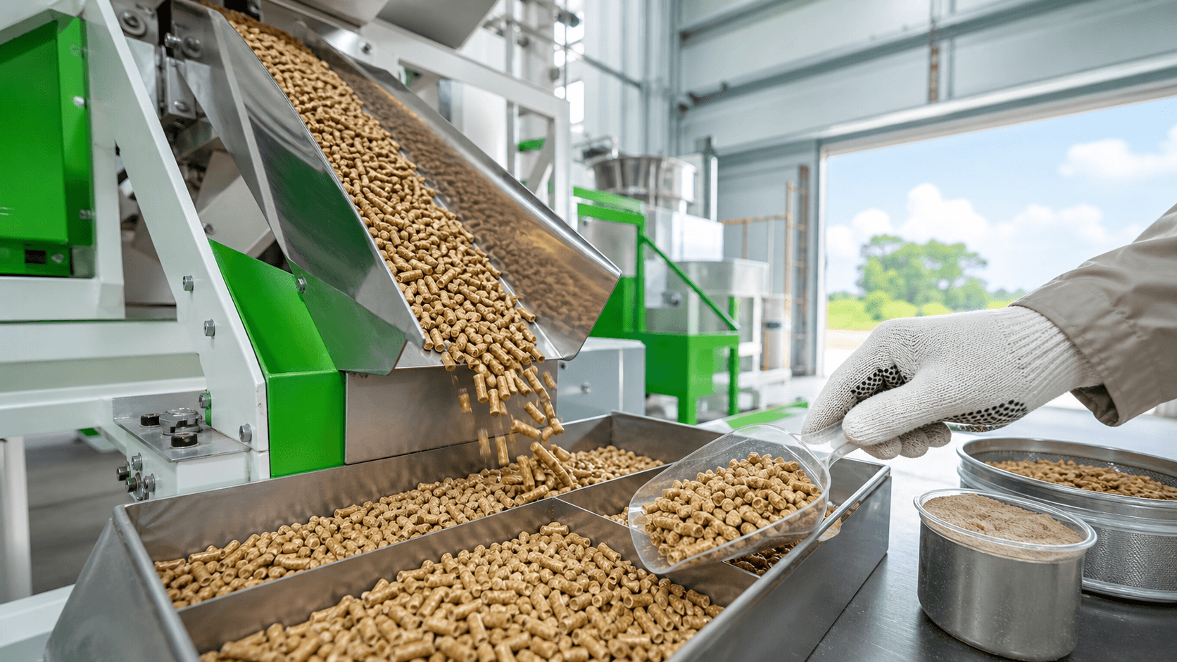 Wood pellets being sampled beside an industrial handling line.