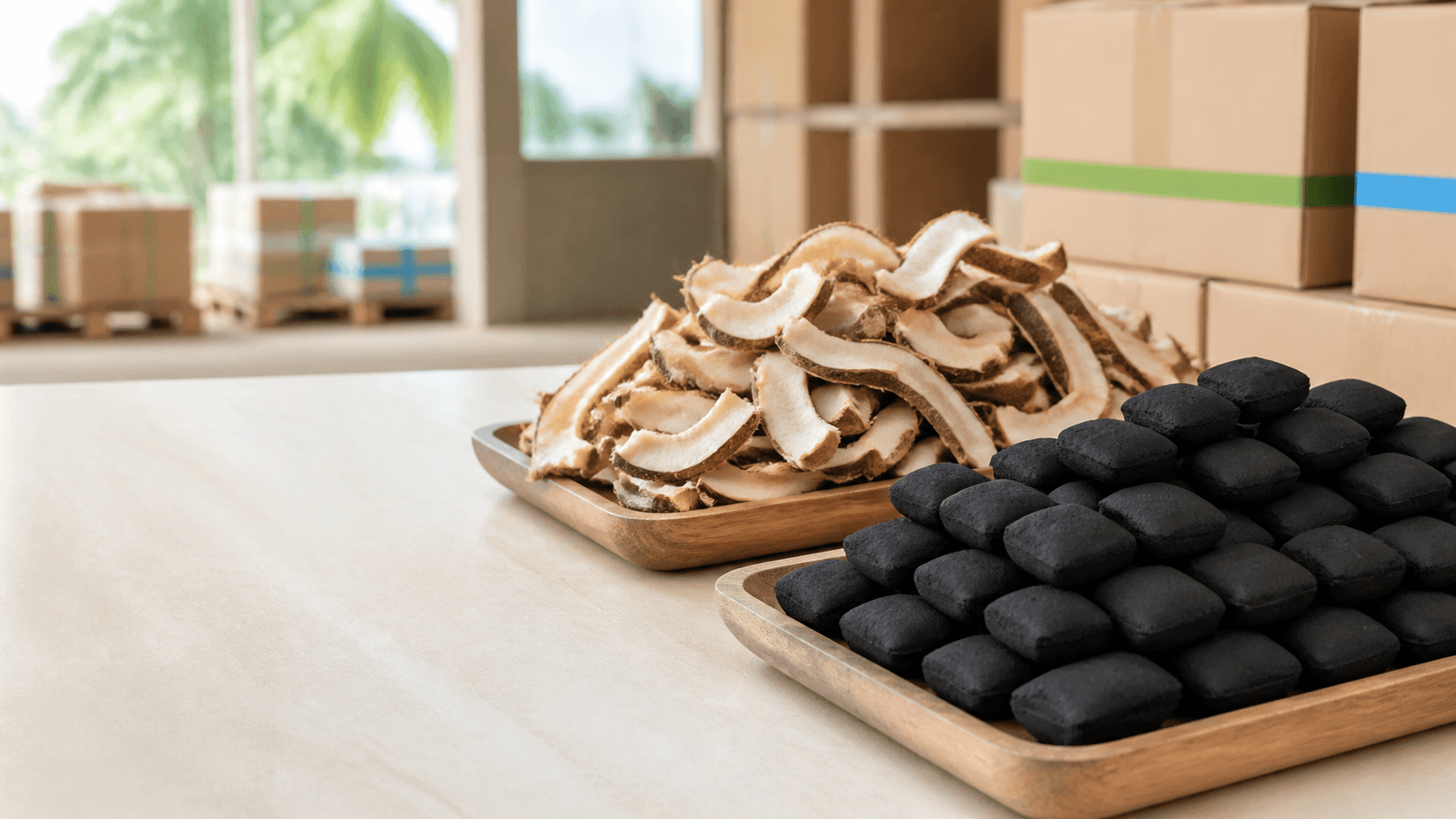 Coconut-shell briquettes and copra arranged near plain export cartons.