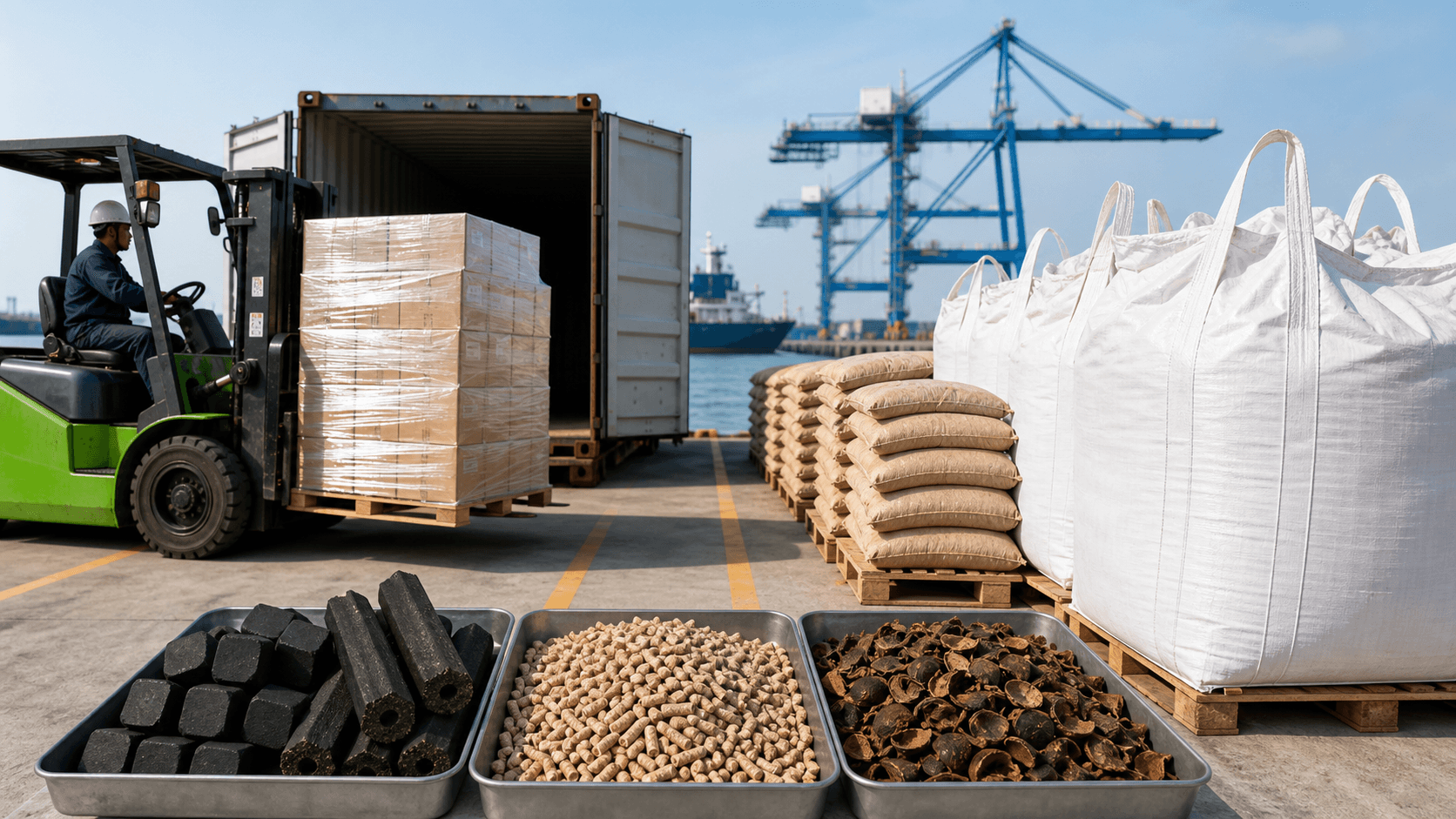 Biomass product samples arranged near container loading.