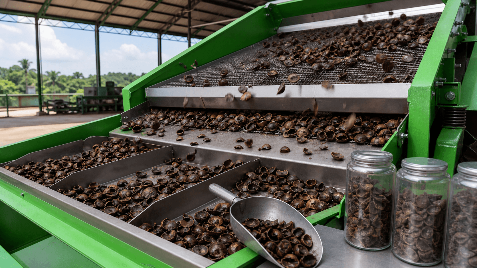 Palm kernel shells moving through a green screening line.